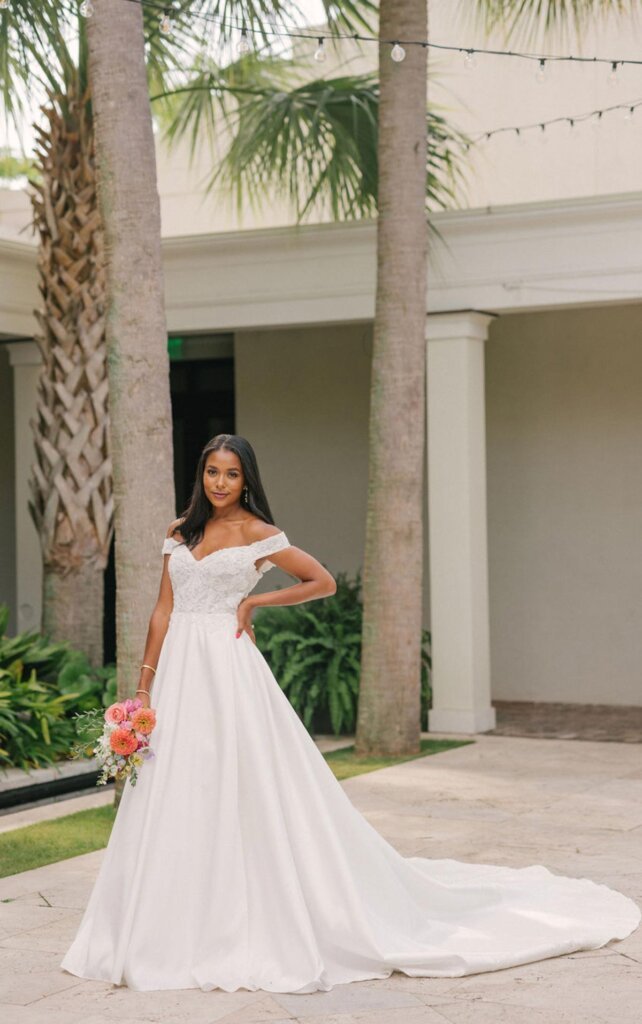 a-line lace wedding dress with off the shoulder sleeves - D3565 by Essense of Australia