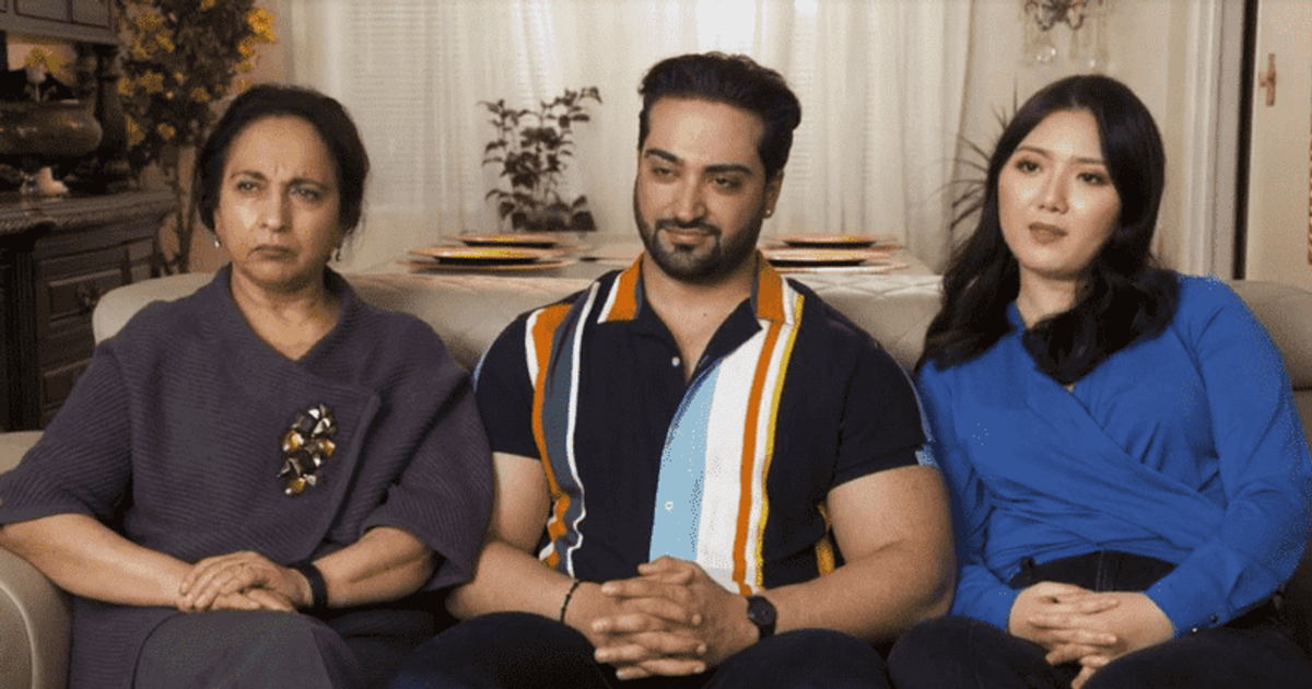 Laila, Shekeb and Emily from I Love a Mama's Boy on a couch