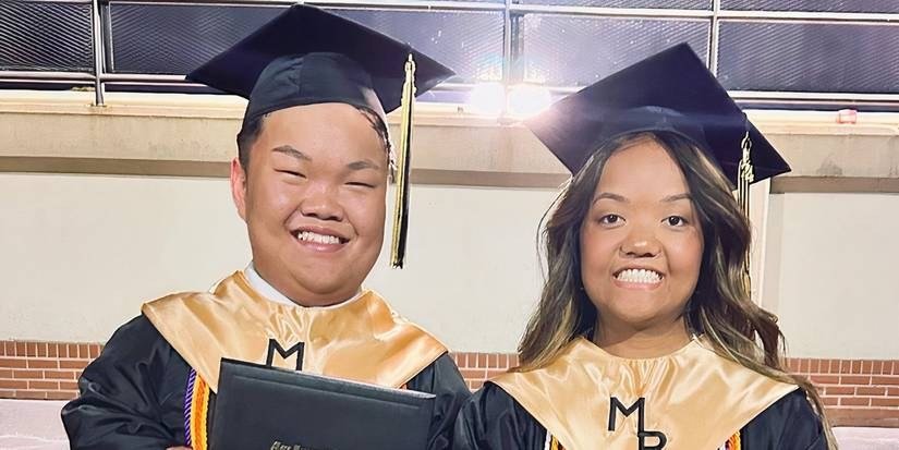 Alex and Emma Johnston in graduation caps and gowns