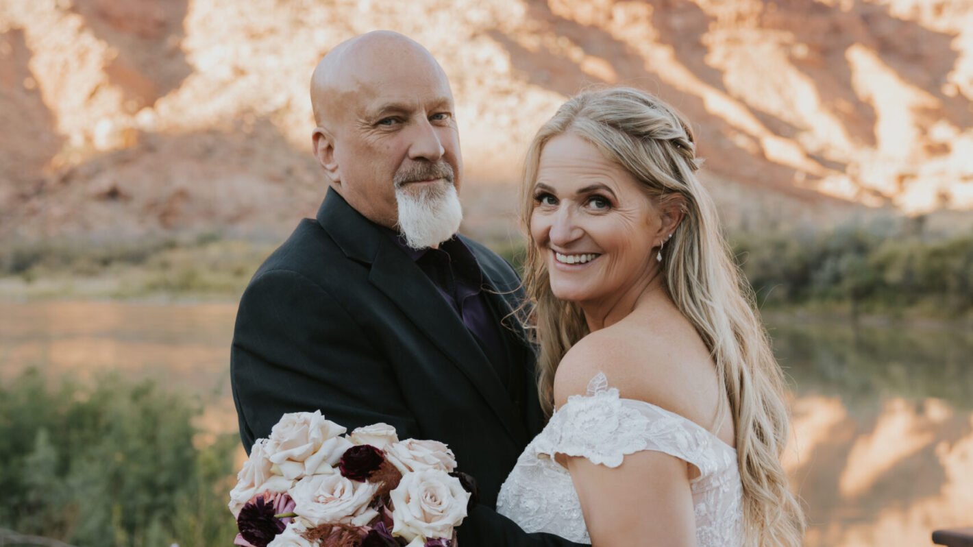 Christine Brown Woolley and David Woolley on their wedding day