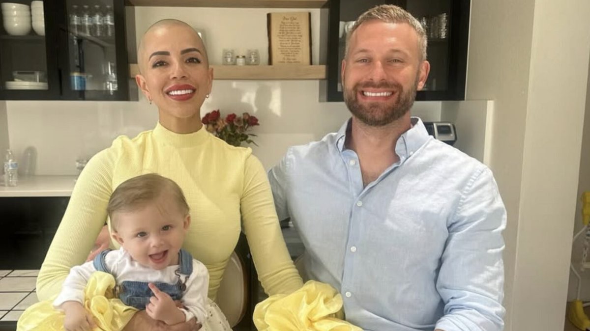 Jasmine Pineda shaved head with Matt and baby Matilda