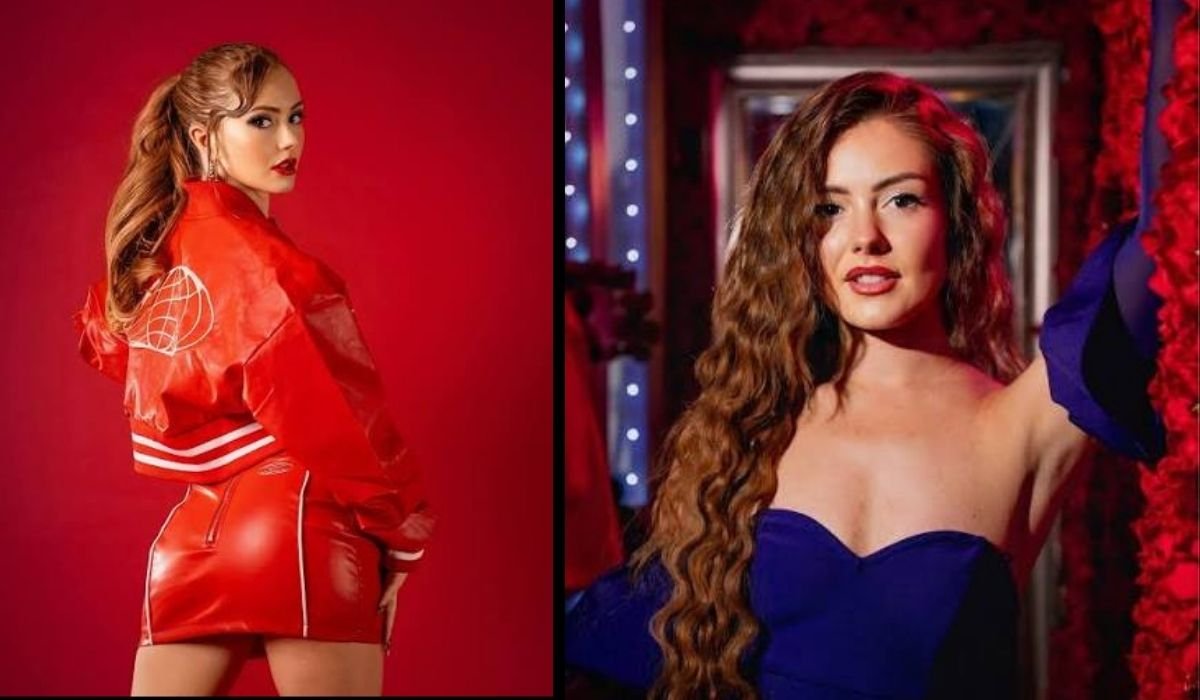 Kara Bass in red jacket and blue dress