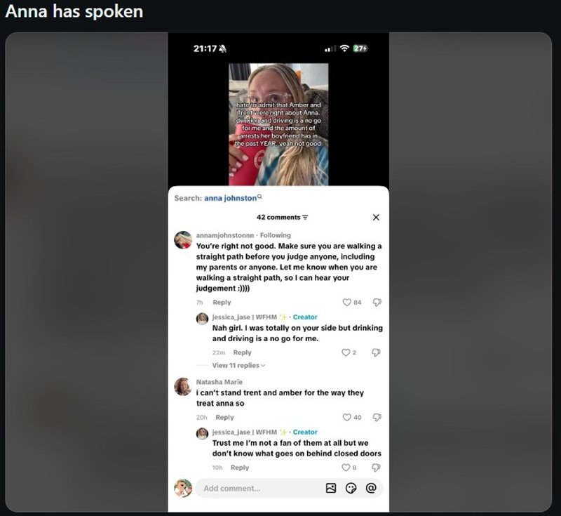 Anna Johnston's TikTok comment responding to critics of her arrest