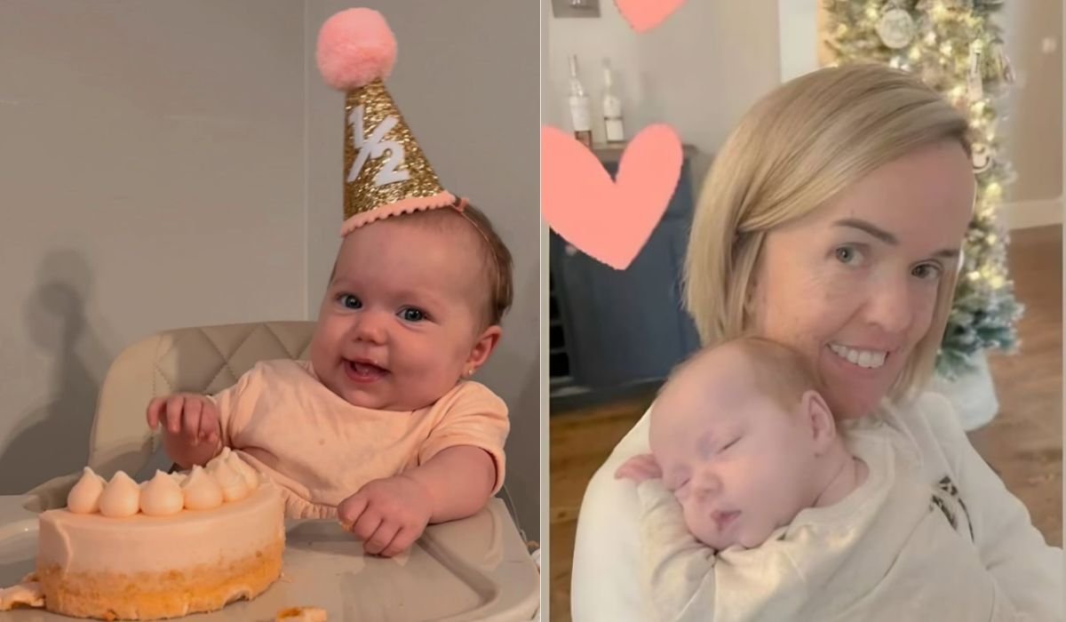Amber Johnston holding her newborn granddaughter Leighton, and Leighton at six months old