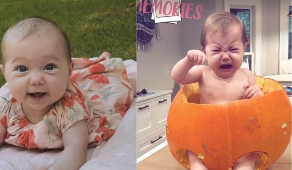 Baby Leighton smiling outdoors and sitting in a pumpkin for a Halloween photoshoot