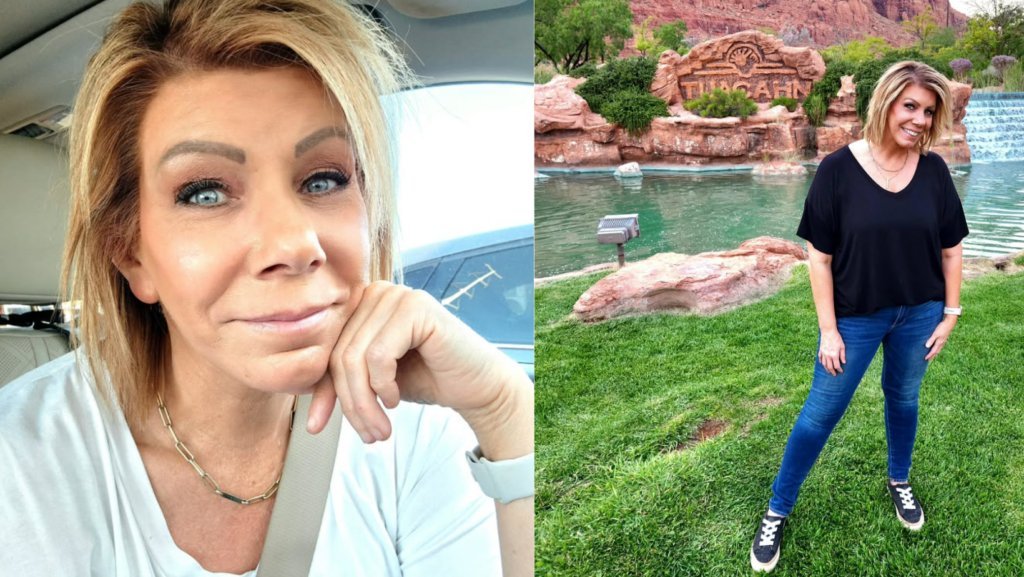 Meri Brown in a car selfie and posing casually outdoors at Tuacahn