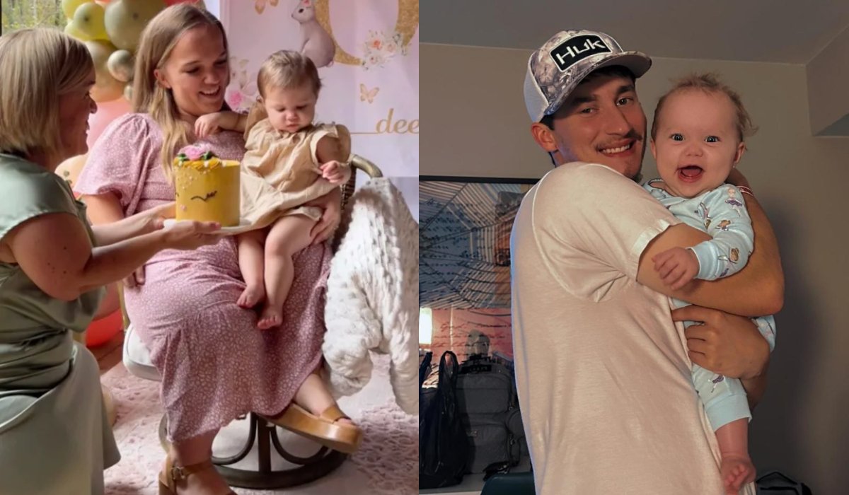 Liz Johnston holding Leighton at a birthday party and Brice Bolden holding baby Leighton