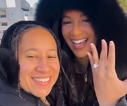 Chantel Everett showing off her engagement ring beside Ashley Bowen