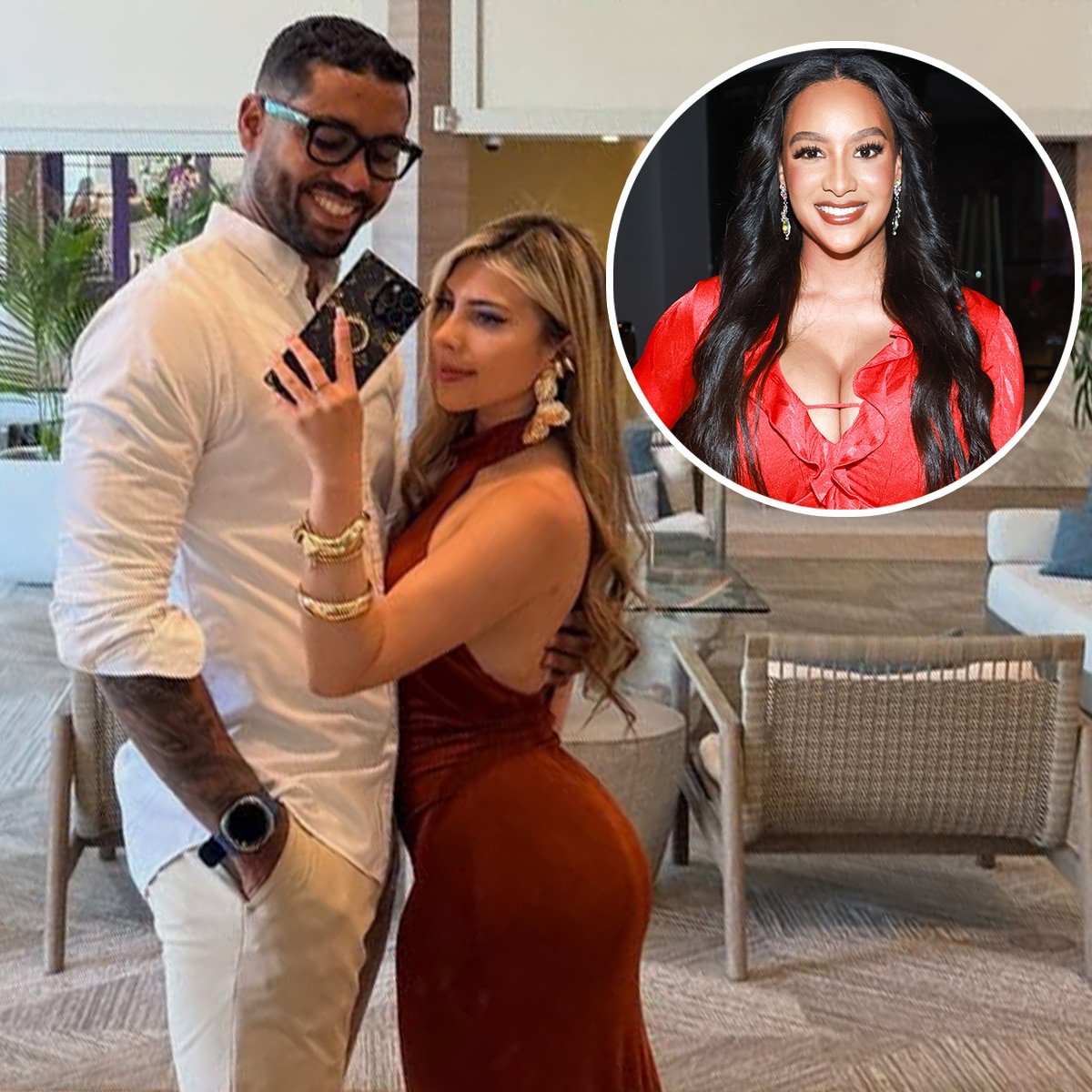 Pedro Jimeno and Valentina Malagon taking a selfie, with Chantel Everett pictured inset