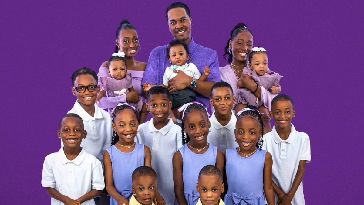 Deon and Karen Derrico with their children posing against a purple background