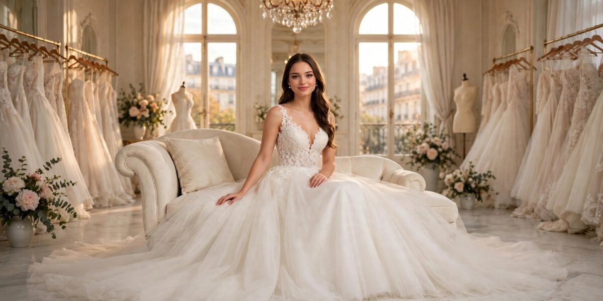 Clara Belle seated on a chaise in an ivory A-line wedding gown with a deep V neckline, the skirt spread wide around her in a Paris bridal atelier