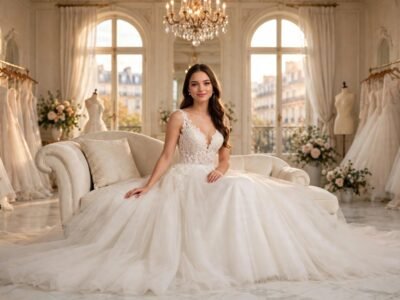 Clara Belle seated on a chaise in an ivory A-line wedding gown with a deep V neckline, the skirt spread wide around her in a Paris bridal atelier