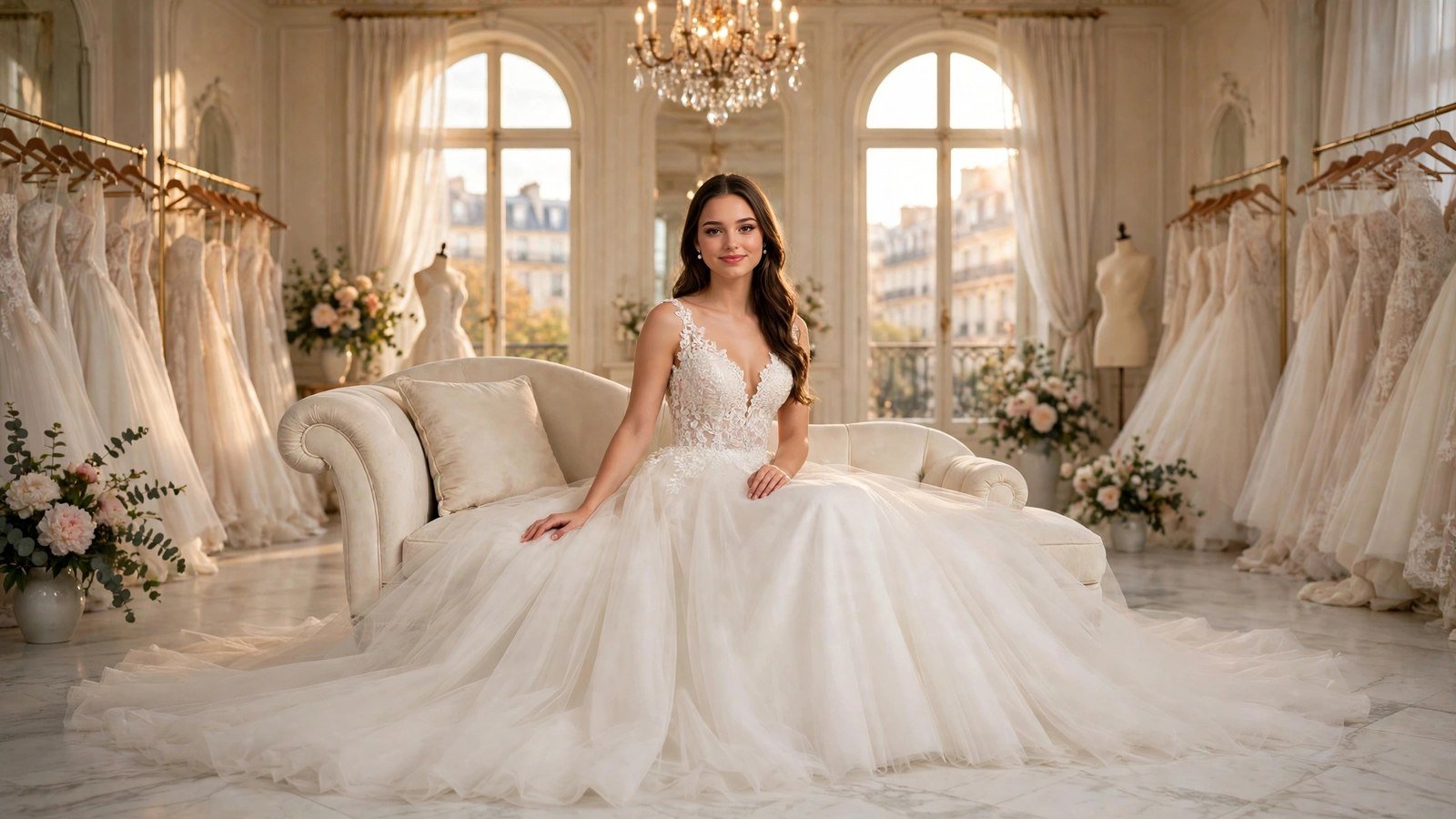 Clara Belle seated on a chaise in an ivory A-line wedding gown with a deep V neckline, the skirt spread wide around her in a Paris bridal atelier