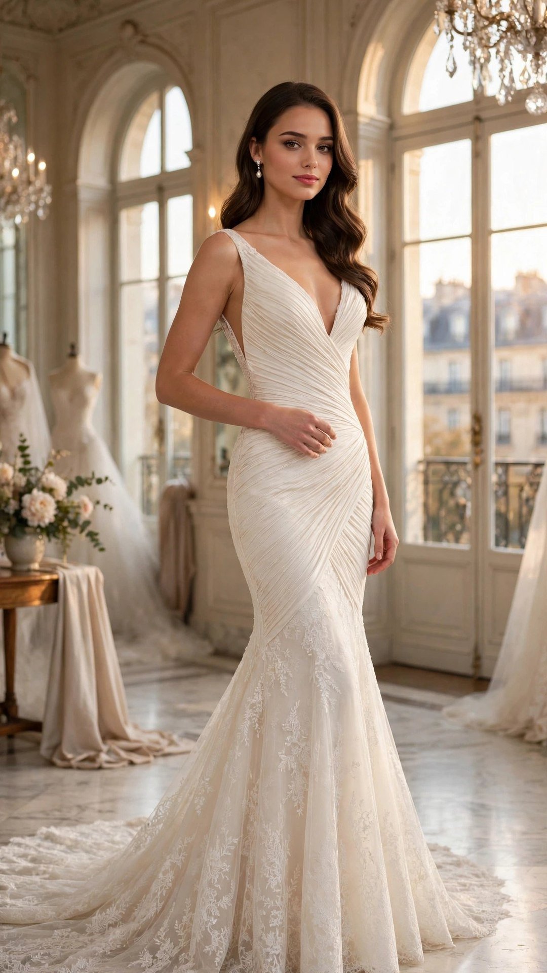 Clara Belle in an ivory mermaid wedding gown with a plunging V neckline and diagonal ruching across the bodice