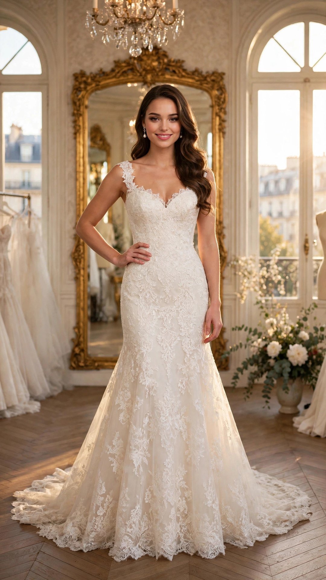 Clara Belle front view in a sweetheart fit-and-flare wedding gown with wide lace straps, hand on waist, before a gold mirror in a Paris bridal atelier