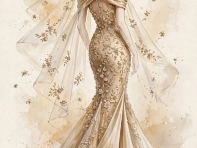 AI-generated illustration of a mermaid wedding gown with beaded sheer back and long veil, inspired by the ELIE SAAB H&M bridal look.