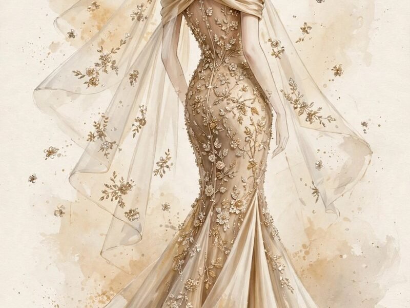 AI-generated illustration of a mermaid wedding gown with beaded sheer back and long veil, inspired by the ELIE SAAB H&M bridal look.