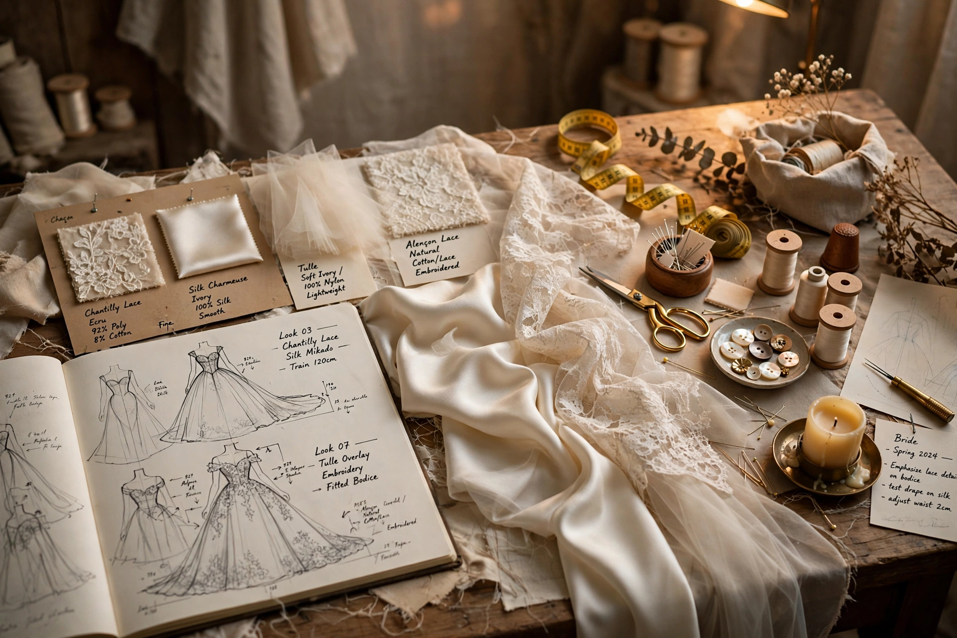 Bridal atelier worktable with fabric, lace and dress sketches