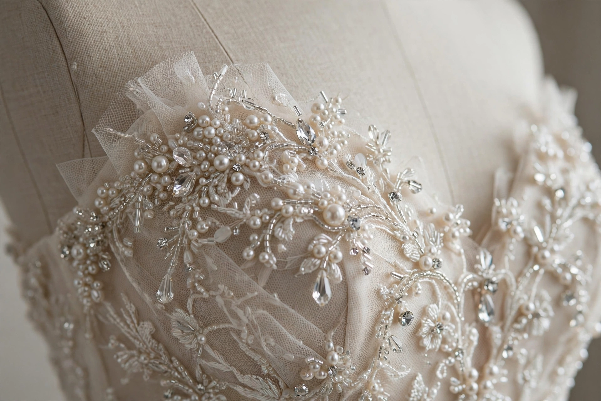 Close-up of hand-beaded bridal bodice with pearls and crystals