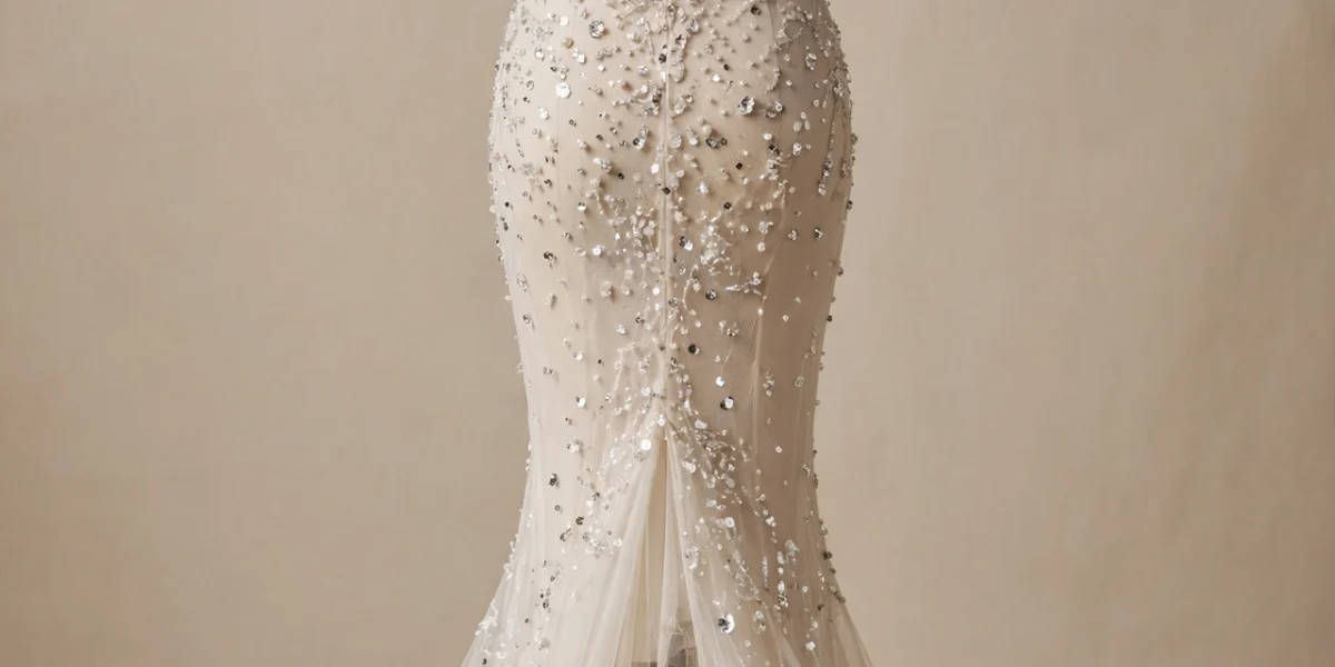AI-generated illustration of a couture-inspired mermaid wedding gown with beaded sheer back, inspired by the ELIE SAAB H&M bridal look