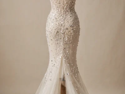 AI-generated illustration of a couture-inspired mermaid wedding gown with beaded sheer back, inspired by the ELIE SAAB H&M bridal look