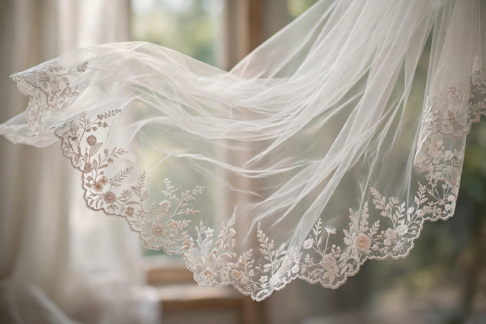 Bridal veil with embroidered floral lace edge floating in light