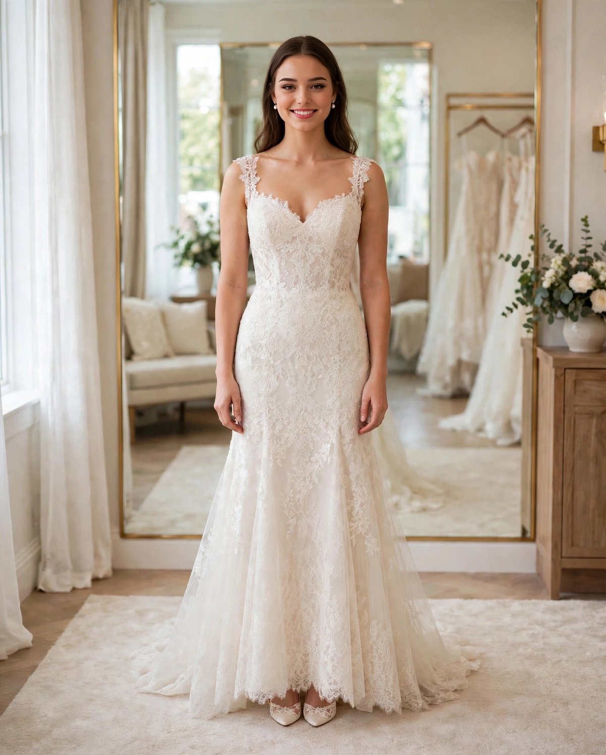 Front view of a sweetheart neckline wedding gown with wide lace straps in a bridal salon
